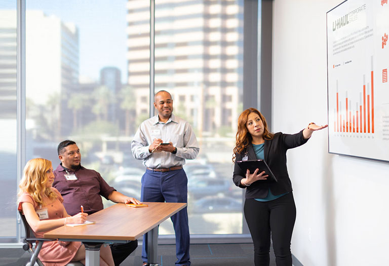 A woman giving a business presentation to a small group of people