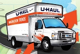 An illustration of a U-Haul moving truck on a curving highway