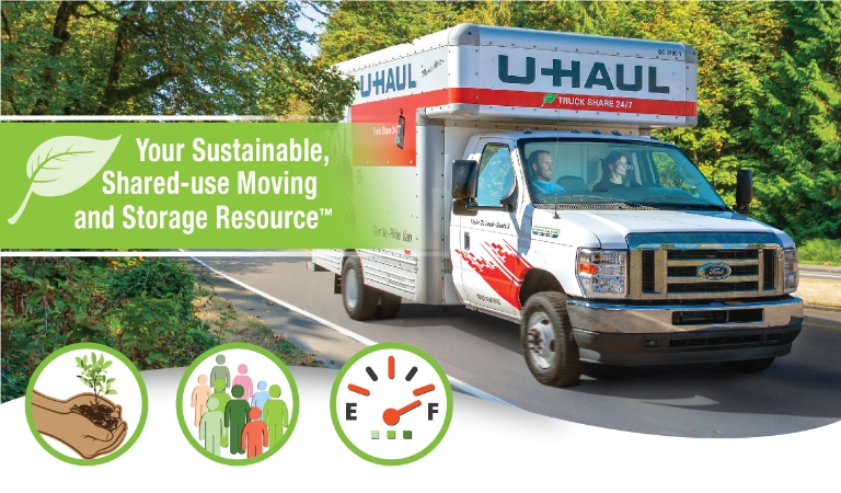 A man and a woman driving a U-Haul Rental Truck