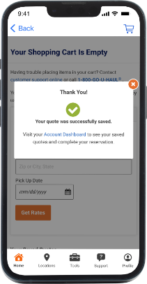 A mobile device displaying the U-Haul App