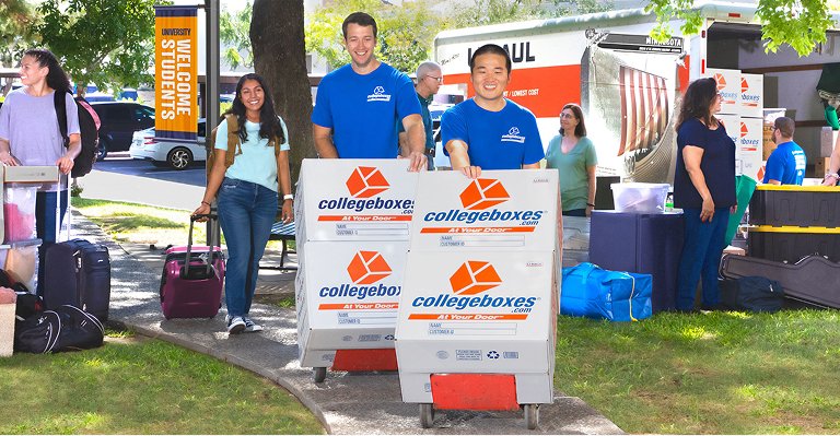 Moving helpers delivering college boxes at a University