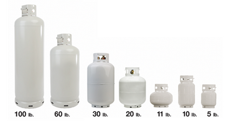 A lineup of different size propane tanks