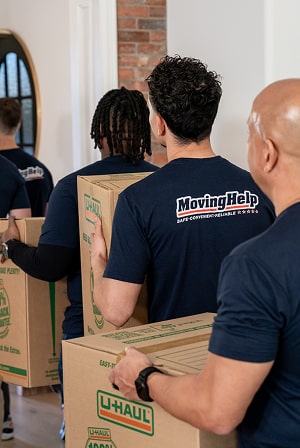 Group of Moving helpers with loaded boxes walking into a family's home