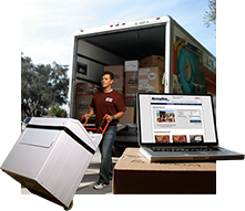 Man moving items on a dolly out of a U-Haul moving truck